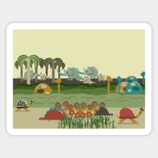 Family of dinos, rhinos and turtles in the jungle Magnet